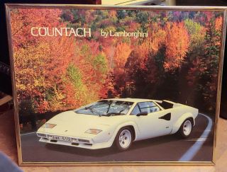 1986 Lamborghini Countach White Framed 20x16 Vintage Poster Gold Frame W/acrylic