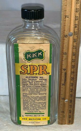 Antique Kkk Medicine Co Keokuk Ia S.  P.  R.  Bottle Tin Lid Color Label Pharmacy Old