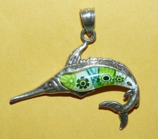 Vintage " 925 " Sterling Silver W/ Millefiori Art Glass Swordfish Pendant Signed