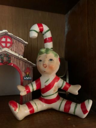 Vintage Lefton Christmas Candy Cane Elf Elves Pixie Figurine Japan - Rare