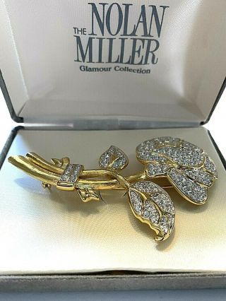 Vintage Signed Nolan Miller Crystal Rhinestone Large Rose Flower Brooch Pin
