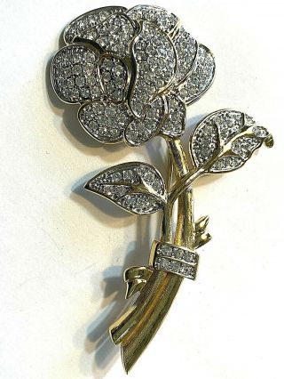 Vintage Signed Nolan Miller Crystal Rhinestone Large Rose Flower Brooch Pin 3
