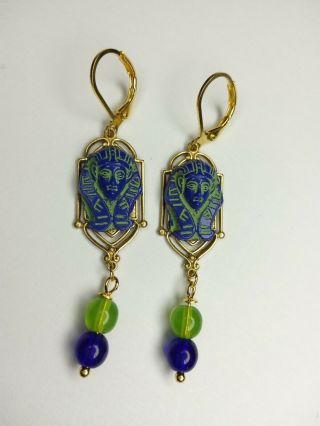 Antique Czech Glass Egyptian Revival Blue Green Gold Brass Earrings