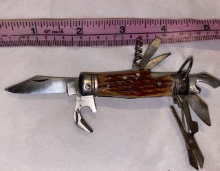 Pocket Shall Japan Multi Tooled Knife Wooden Wood Antique Vintage Scissors