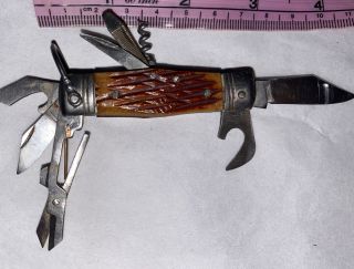 Pocket Shall Japan MULTI TOOLED Knife Wooden Wood Antique Vintage Scissors 2