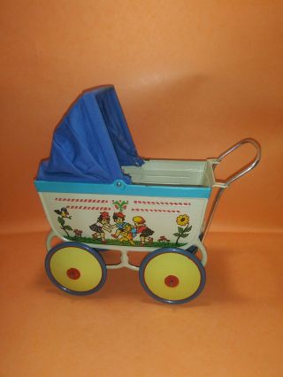 Vintage Tin Metal Baby Buggy Carriage W/artwork Antique