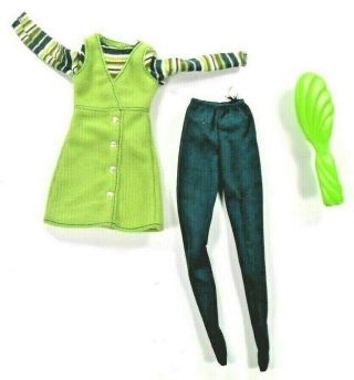 Barbie Vintage Corduroy Cool Green Striped Dress Tights & Brush Tag