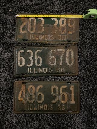 Set Of 3 Vintage Antique Metal Illinois License Plates 1938 11 1/2 " By 5 1/2 "
