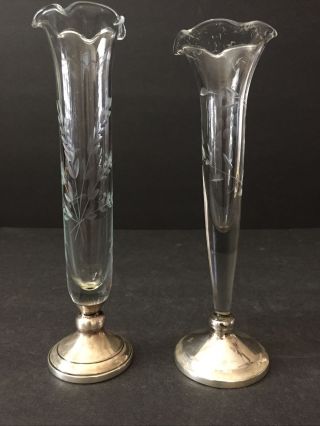 Two Vintage Sterling Silver And Etched Crystal Bud Vases