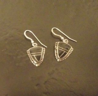 Vintage Sterling Silver And Black Onyx Triangle Shield Dangle Wire Earrings