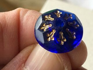 Marvelous Antique Transparent Cobalt Blue Glass Button,  Fleur - De - Lis Whistle