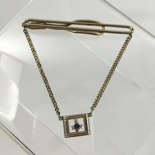 Freemason Masonic Tie Bar Clip Clasp Gold Tone Chain Vintage Swank Badge A1
