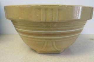 Antique Stoneware Yellow Ware Mixing Bowl C.  1910 Beige W/brown& White Stripe