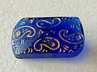 Marvelous Antique Transparent Cobalt Blue Glass Button Paisleys Faceted,  13/16