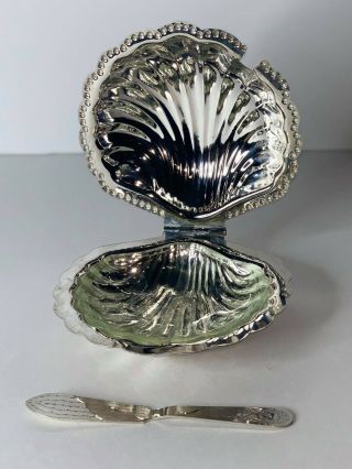 Vintage Leonard Silver - Plated Clam Shell Butter/caviar Dish W/glass Insert/knife