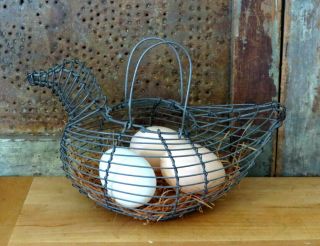 Primitive Wire Woven Wire Bird Chicken Hen Egg Gathering Basket Metal W Eggs