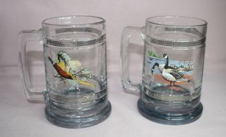 Vintage Beer Mugs Bird Graphics Heavy Clear Blue Glass With Gold Design 12 0z.