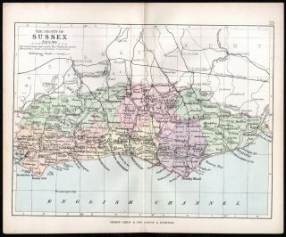County Of Sussex 1891 George Philip & Son Antique Map