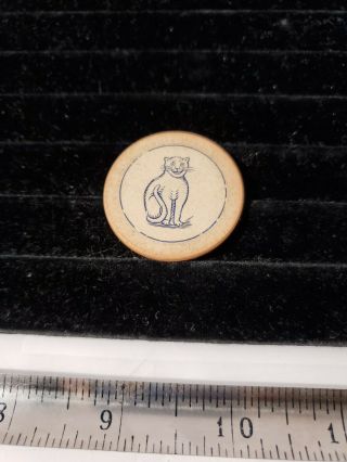 Antique Clay Poker Chip,  Engraved Happy Cat,  Old,  Rare Gaming,  Gambling Chip