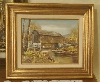 Signed Vintage Oil Painting Wooden Covered Bridge In The Autumn Wooden Frame