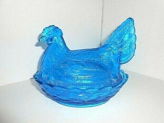 Vntg Large Chicken Hen On Nest Rare Turned Head Blue Glass Candy Dish Basket