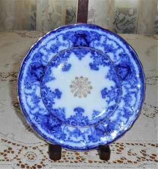 Antique Flow Blue Bread Plate Gold Trim Dainty John Maddock Sons 6 And 3/8 Inch