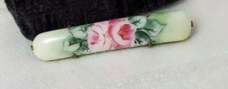 Antique Victorian Hand Painted Rose Floral On Porcelain Bar C Clasp Brooch Pin