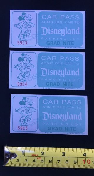 (3) Rare 1985 Disneyland Grad Nite Admit One Car Passes - Consecutive Serial S
