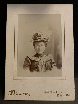 Antique Cabinet Card Photo Lovely Lady In Fancy Hat Railroad Photo Car 1880s