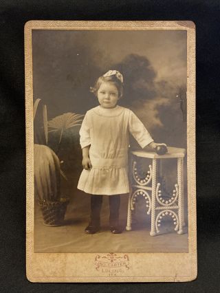 1880s Antique Cabinet Card Photo Adorable Little Girl W Apple Luling Texas Tx