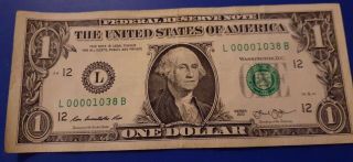 2013 $1 One Dollar Note Bill Fancy Low Serial Number 4 Leading 0 