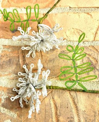 Antique French Beaded Wired White Chrysanthemum Mum Flower Stems Set Of 2 Rare