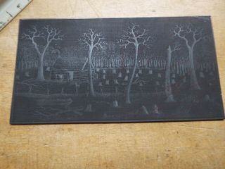 Antique Rare Printer Wood Block Plate Old Cabin With Cutdown Trees