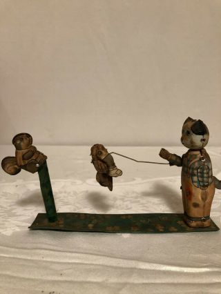 Rare Antique Tin Litho Windup Cat Bear Squirrel Toy