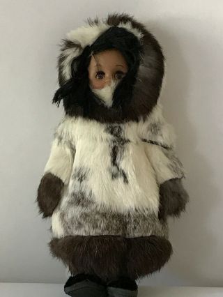 Vintage Alaskan Eskimo Girl Doll Real Fur Parka And Mittens Suede Leather Boots