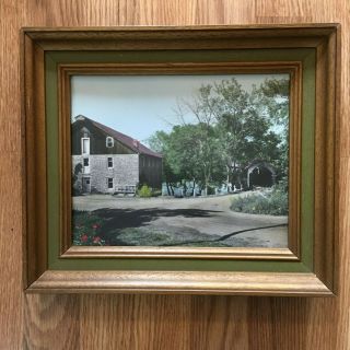 Vintage Framed Colorized Photograph Of Stone House Near River & Covered Bridge