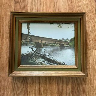 Vintage Framed Colorized Photograph Of Covered Bridge