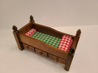 Vintage Wood Miniature Dollhouse Bed With Attached Fabric And Bottom Drawer