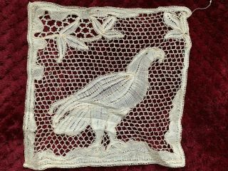 Antique French Handmade Lace Insertion Or Small Doily - Bird - 19cm Square