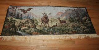 Vintage Tapestry Wall Hanging Elk Deer Mountain Cabin 68 " X 27 "