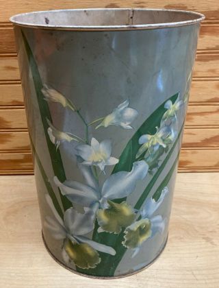 Vintage Hand Painted Floral Trash Can Wastebasket 7 " Diameter X 10.  75 " Tall