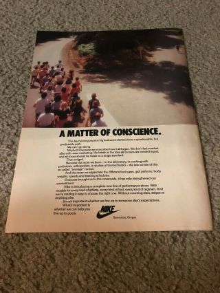 Vintage 1980 Nike Running Poster Print Ad " A Matter Of Conscience " Rare