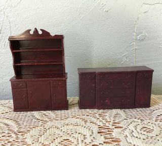 Vintage Marx Dollhouse Dining Room China Cabinet & Buffet Reddish Brown Set Of 2