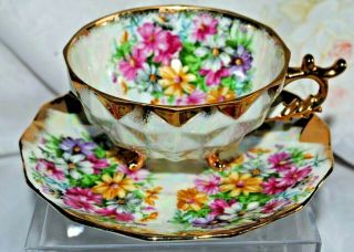 Vintage Rare Royal Sealy Japan 3 Footed Lusterware Tea Cup Saucer Set Floral