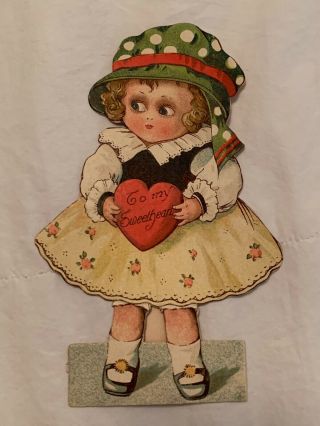 Antique Vintage Litho Valentines Day Card Little Girl Standing Germany