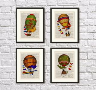 Antique Book Page Art Print - Set Of 4 Hot Air Balloons Antique Dictionary Art