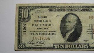 $10 1929 Baltimore Maryland MD National Currency Bank Note Bill Ch.  11207 RARE 2