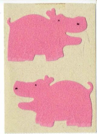 Rare Vintage Sandylion Stickers Strip Fuzzy Pink Hippos Hippopotamus Brown Back