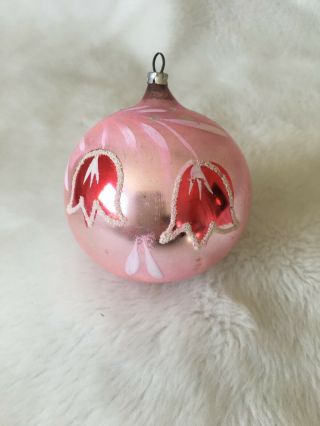 Vintage Mercury Glass Large Christmas Ornament Rare Pink 3 " Red Flowers
