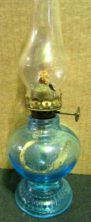 Antique Handy Miniature Oil Lamp In Blue Glass,  Old Clear Chimney